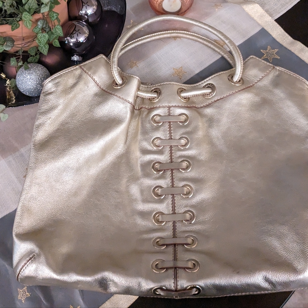 KORS Michael Kors Large Gold Metallic Leather Drawstring Laced Snap Tote 24